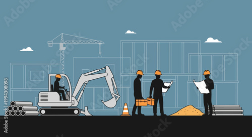 Construction Site Illustration with Workers and Excavator
