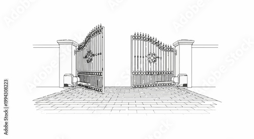 Ornate, open wrought iron gates stand between stone pillars on paved ground
