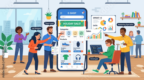 Diverse team collaborating on mobile app development project.