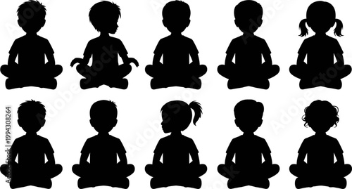 Diverse group of ten children silhouettes sitting crosslegged in meditation poses isolated on white background