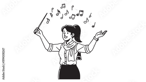 Young woman conducting an orchestra with a baton and musical notes floating around her.
