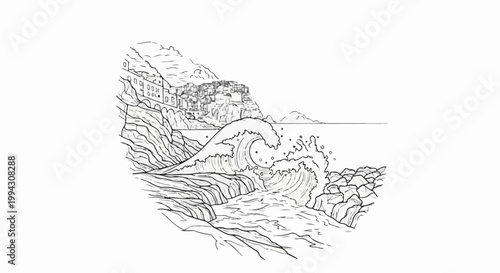 Coastal village perched on cliffs with a large crashing wave below
