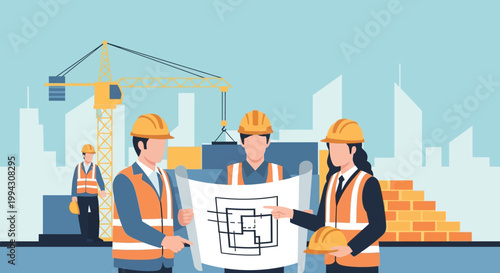 Construction Team Reviewing Architectural Blueprints at Building Site