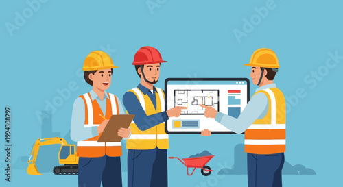 Construction Team Reviewing Architectural Blueprints on Digital Tablet