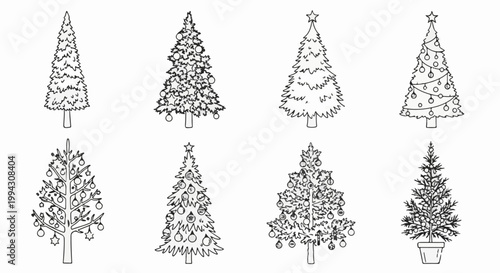 Eight different stylized line drawing Christmas trees, some decorated with ornaments and stars