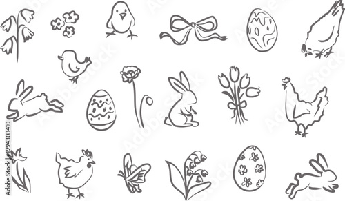 Easter icons set including eggs, bunnies, chickens, flowers and bow on isolated white background for holiday design
