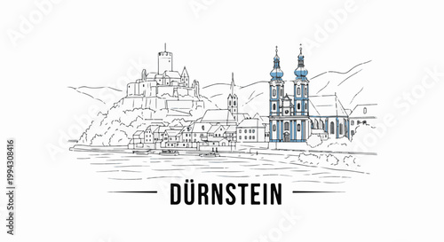 Scenic sketch of a European town with a river, castle, and prominent church