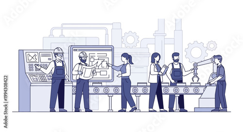 Industrial Manufacturing Team Working on Automated Assembly Line