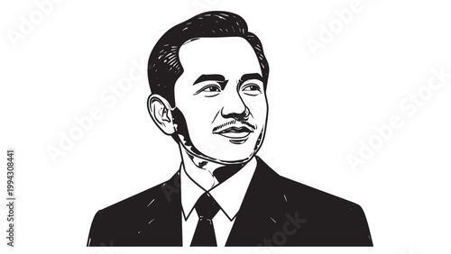 Black and White Illustration of a Man in Formal Attire with Short Hair and Clean Shaven Face.