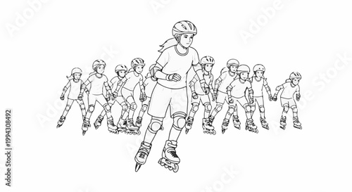 Children in protective gear rollerblading in a line