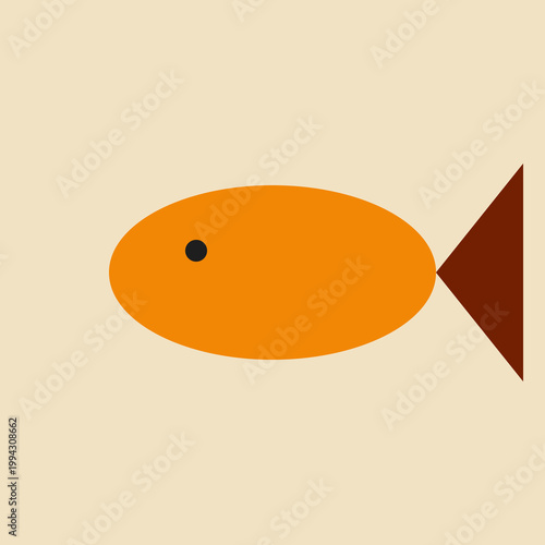 Minimalist orange fish graphic with brown triangle tail and black eye on cream background illustration