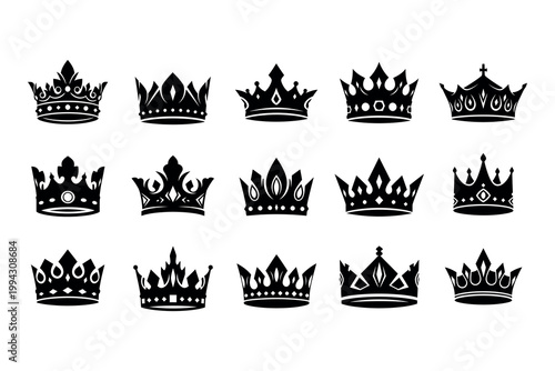 Silhouette of various royal crowns on white background