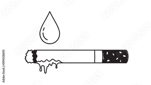 Close-up of a dripping cigarette with a water droplet above it, symbolizing health risks and smoking hazards.