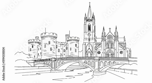 Architectural sketch of a medieval castle and gothic cathedral on a river