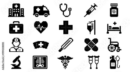 Collection of minimalist pixel art medical icons, including hospital, ambulance, stethoscope, syringe, and patient bed