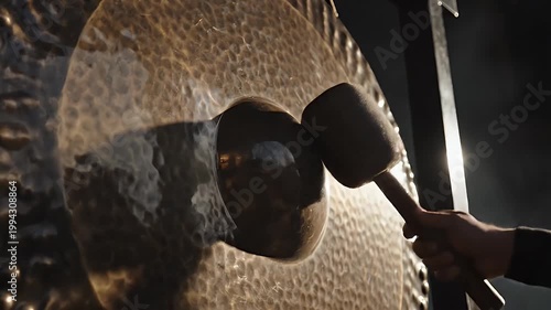 Hand Striking Large Bronze Gong With Mallet In Dramatic Sunlight