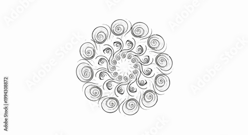 Black and white mandala with swirling organic lines and circular symmetry