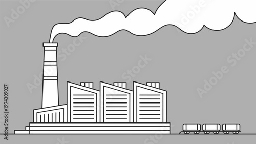 Modern industrial factory complex with tall chimney emitting smoke and freight train cars on tracks in flat design style