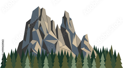 A stylized illustration of jagged, sharp mountain peaks rising above a dense forest of evergreen trees.