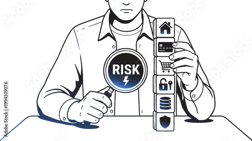 Man Inspects Risk with Magnifying Glass, Blocks of Icons
