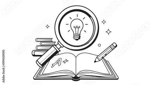 Creative Workspace with Open Book, Light Bulb, and Art Supplies for Inspiration.