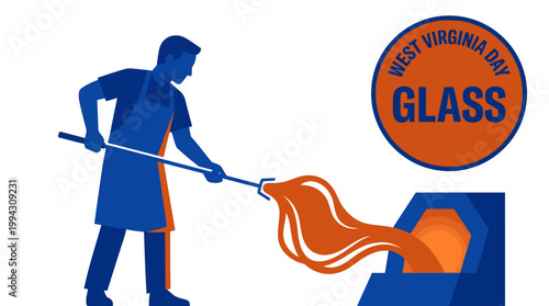 A glassblower shapes molten glass with a blowpipe near a furnace, celebrating West Virginia Day.