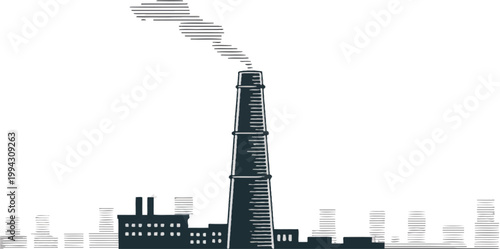 Illustration of a tall factory chimney emitting smoke above a row of industrial buildings