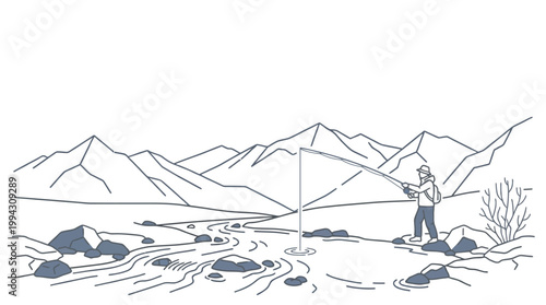 A lone angler casts a line into a flowing mountain stream with majestic peaks in the background.