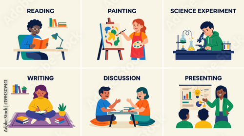 Illustrations of students engaging in educational activities.