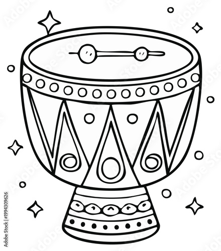 Hand Drawn Outline of a Goblet Drum with Geometric Designs and Sparkles in Black and White