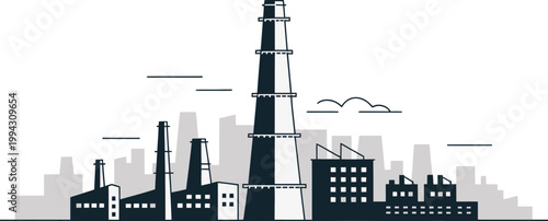 Stylized industrial factory buildings with smokestacks and chimneys against a bright sky background