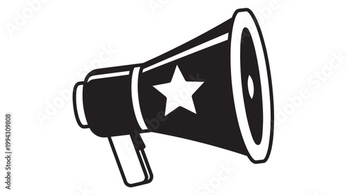 Black megaphone with a white star symbol on a plain background.