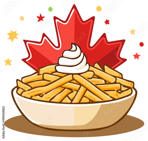 Bowl of Golden French Fries Topped with Gravy and a Maple Leaf for Food and Culture