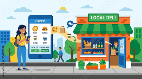 Woman ordering food from local deli online.