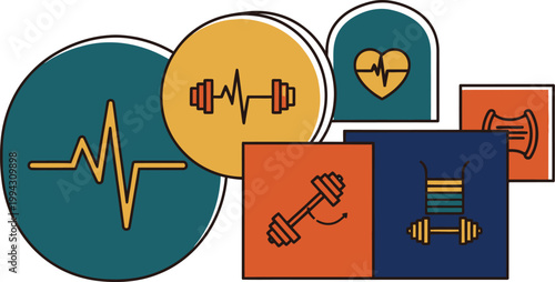 Health and Fitness Icons Representing Healthy Lifestyle, Exercise, and Well-being