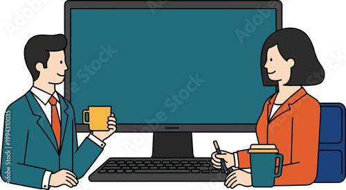 Business meeting illustration of two colleagues having a discussion over coffee at a desk