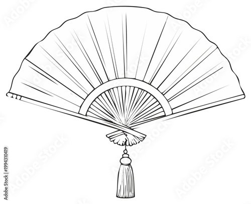 Elegant Hand Fan Line Art with Tassel Detail for Creative Designs or Traditional Asian Arts
