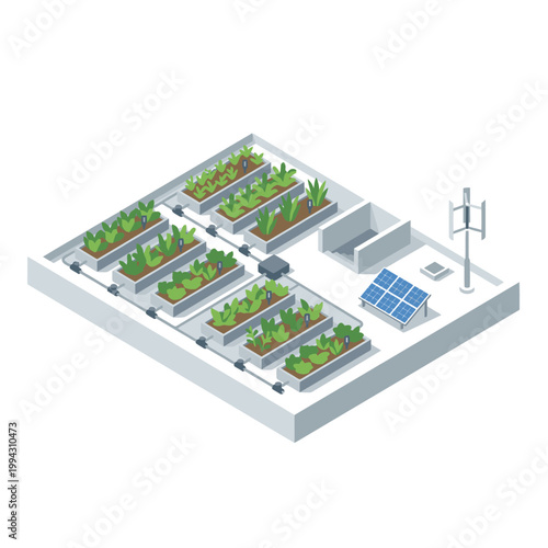Rooftop garden, solar panels, communication tower. Ideal for ecofriendly, sustainable living, technology, urban development, and green energy concepts.