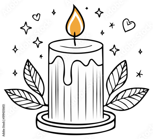 Illustrated candle with flame surrounded by leaves, stars, and hearts for festive celebration