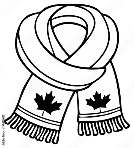 Illustrated winter scarf with maple leaf emblem, black and white outline