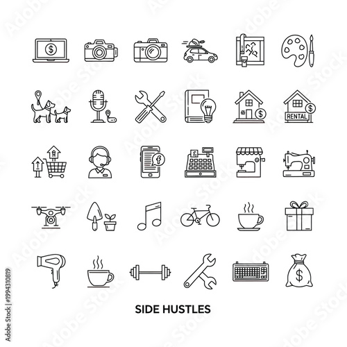 Hustle Icon Set Depicting Freelance Jobs, Creative Work and Modern Income Ideas