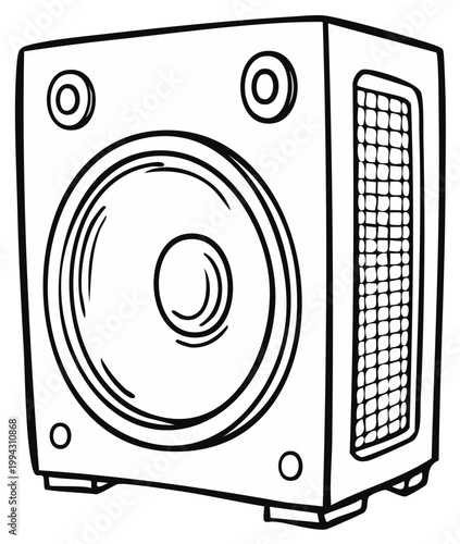 Black and white illustration of a large speaker cabinet with a prominent woofer