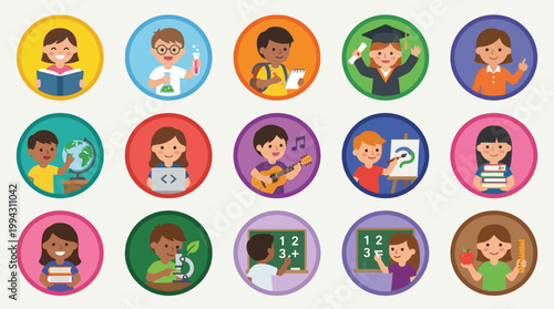 Diverse children in education icons set.