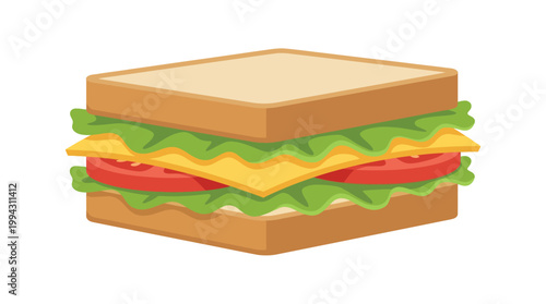 A colorful and appetizing cartoon illustration of a classic sandwich with bread, lettuce, cheese, and tomato slices.