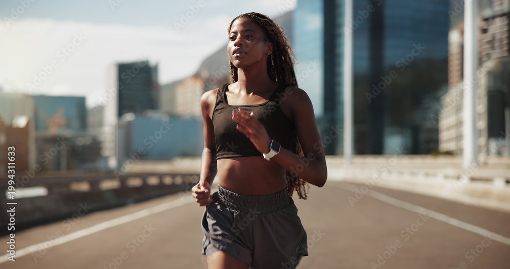 Obraz premium Athlete, woman and running for workout in city with pace training, morning cardio and fitness. Active runner, black girl or jog on bridge for sport performance, wellness challenge and health exercise