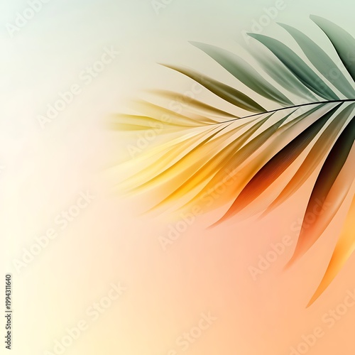 Aesthetic palm leaf on soft pastel gradient background with warm sunset lighting.