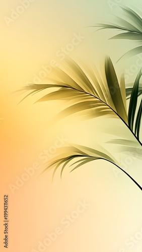 Aesthetic palm leaf on soft pastel gradient background with warm sunset lighting.
