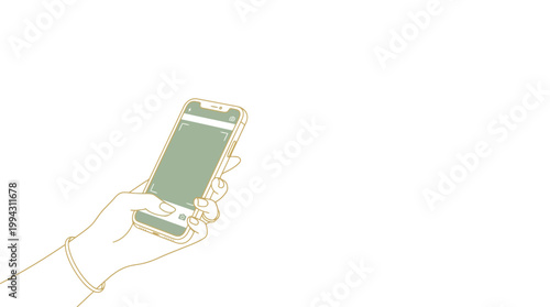 A minimalist line drawing of a hand holding a smartphone with a green screen.