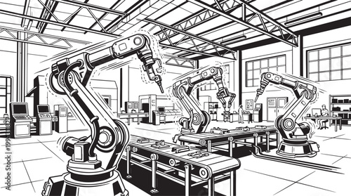 Robotic arms in a modern factory assembly line