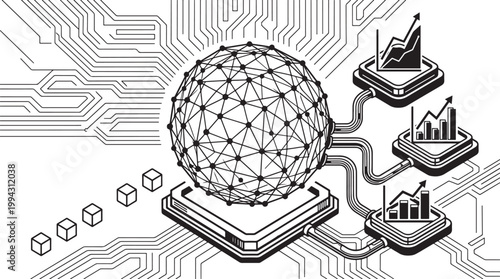 Abstract digital globe connected to analytics data nodes